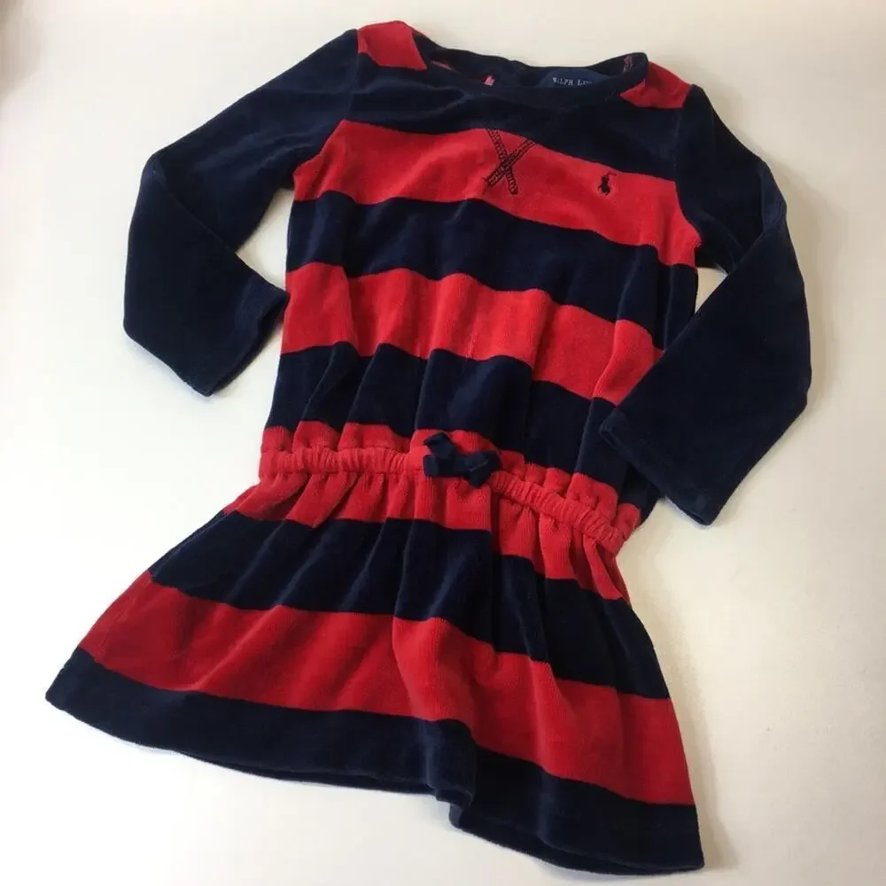 Ralph Lauren Dress sz 18 m Red and Blue Stripe Long Sleeve Tunic Dress Velour